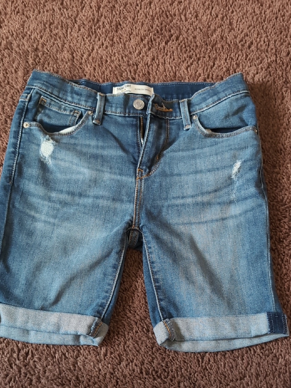 Signature by Levi Strauss Blue Distressed Roll-Cuff Kids Denim Shorts